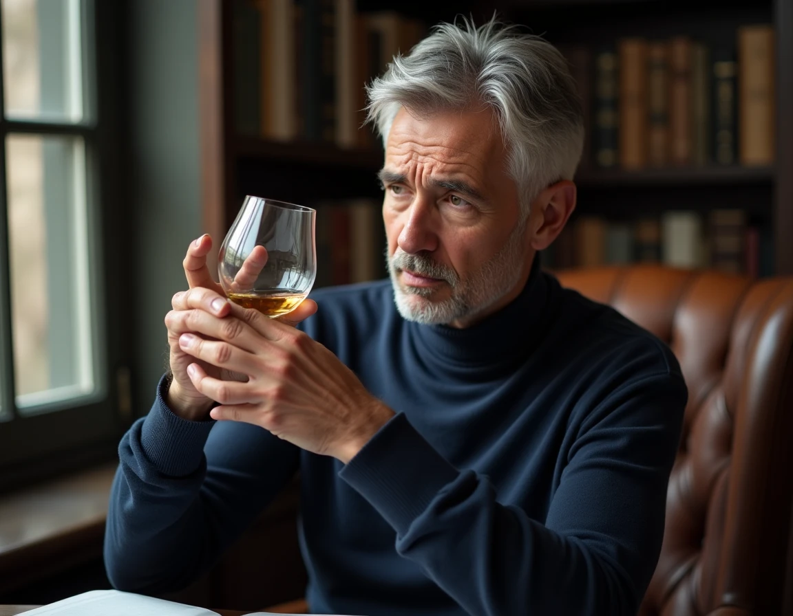 Homme distingué dans la cinquantaine examinant un verre en cristal à whisky à hauteur des yeux dans une bibliothèque élégante pour en évaluer la qualité