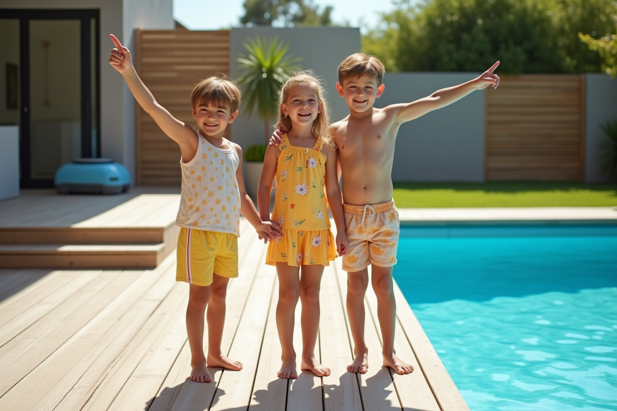 Famille souriante profitant de la nouvelle piscine en été