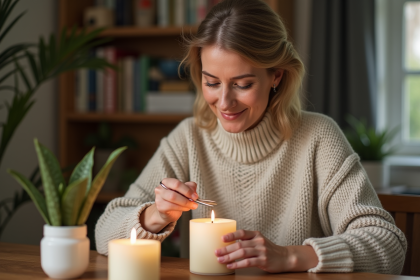 Femme en pull en laine allumant une grande bougie ivoire
