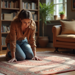 Femme en tenue casual smart examinant un tapis tissé à la main