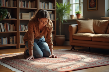 Femme en tenue casual smart examinant un tapis tissé à la main