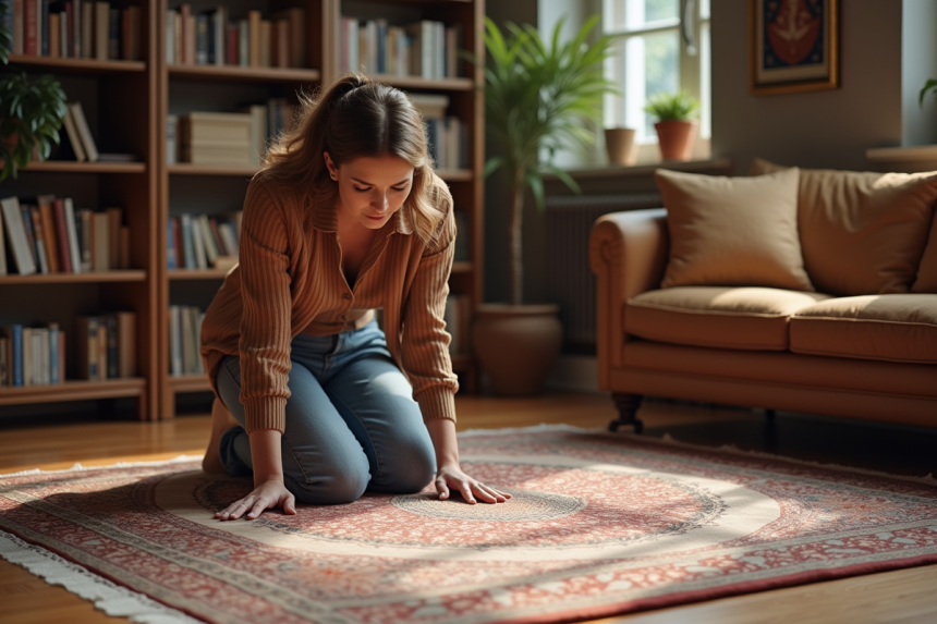 Femme en tenue casual smart examinant un tapis tissé à la main