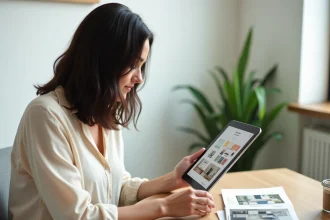 Femme utilisant une application de décoration intérieure sur tablette dans un bureau maison scandinave