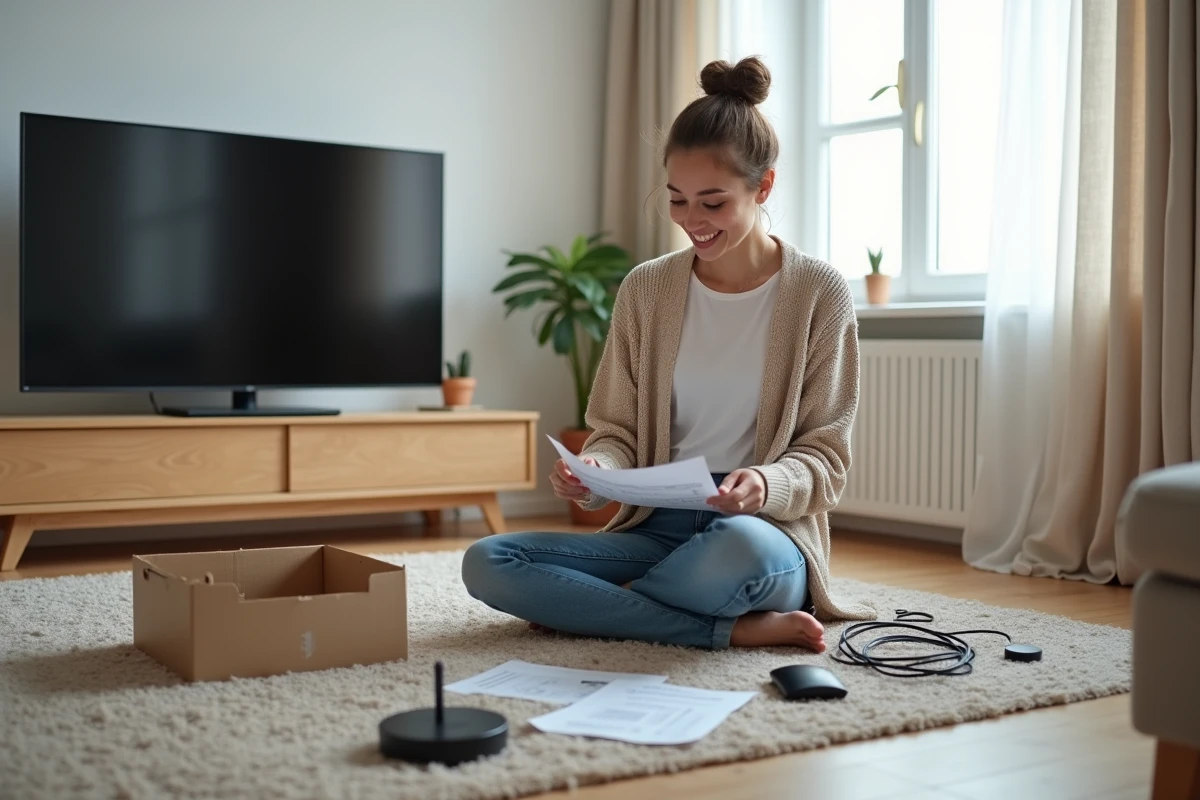 Jeune femme installant une antenne TV dans un appartement lumineux
