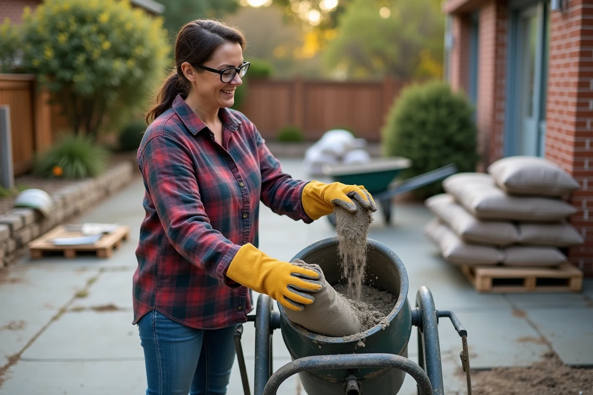 Femme versant du ciment dans une bétonnière lors de travaux de terrasse en autoconstruction