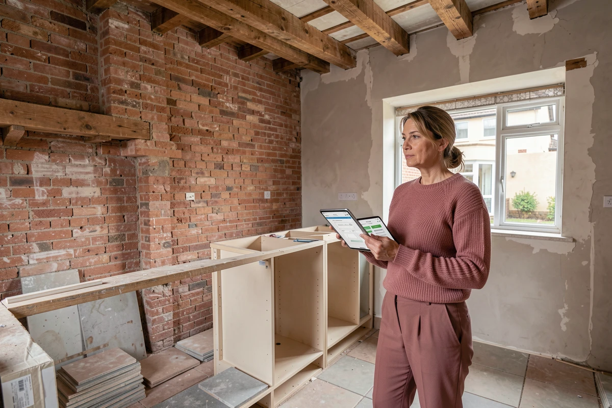 Femme consultant un calculateur de budget rénovation sur tablette dans une cuisine en cours de travaux