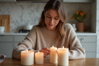 Femme examinant des bougies sur une table moderne