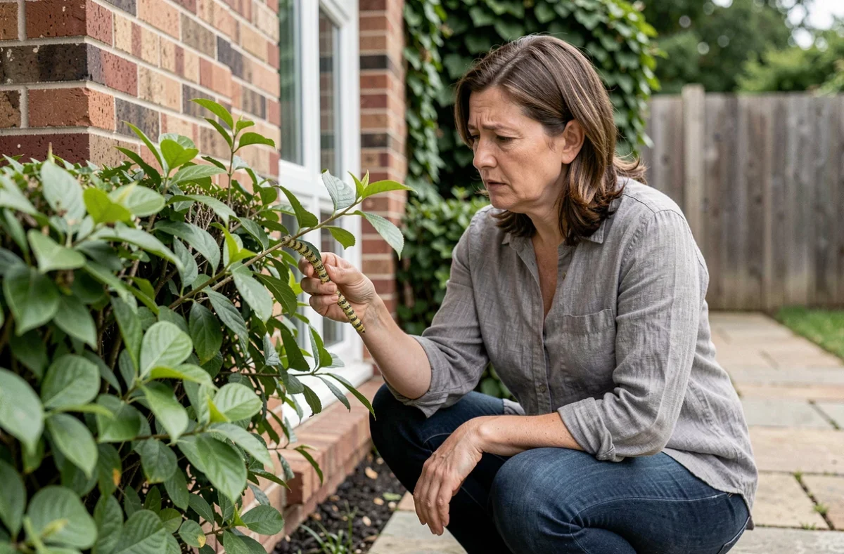 Femme examinant une infestation de chenilles sur une haie dans le jardin d'une maison particulière