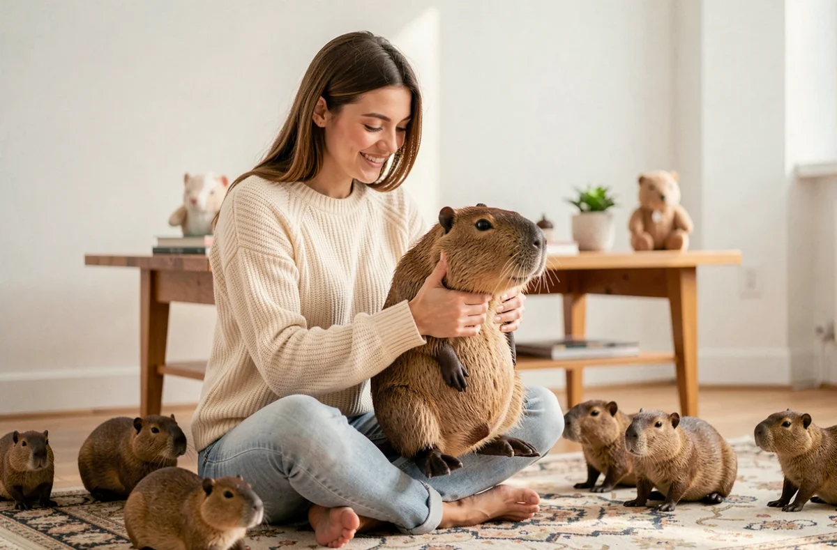 Jeune femme tenant fièrement une peluche capybara géante rare dans un salon de collectionneur