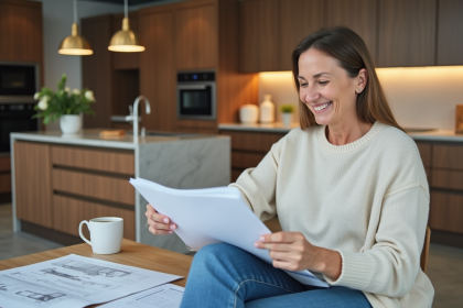Femme réfléchissant à la conception de cuisine dans un showroom