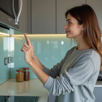 Femme inspectant un dosseret de cuisine brillant et moderne
