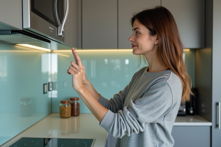 Femme inspectant un dosseret de cuisine brillant et moderne