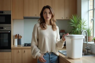 Femme surprise dans la cuisine avec vers blancs près de la poubelle