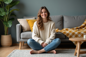 Femme détendue arrangeant une couverture plaid dans un salon cosy