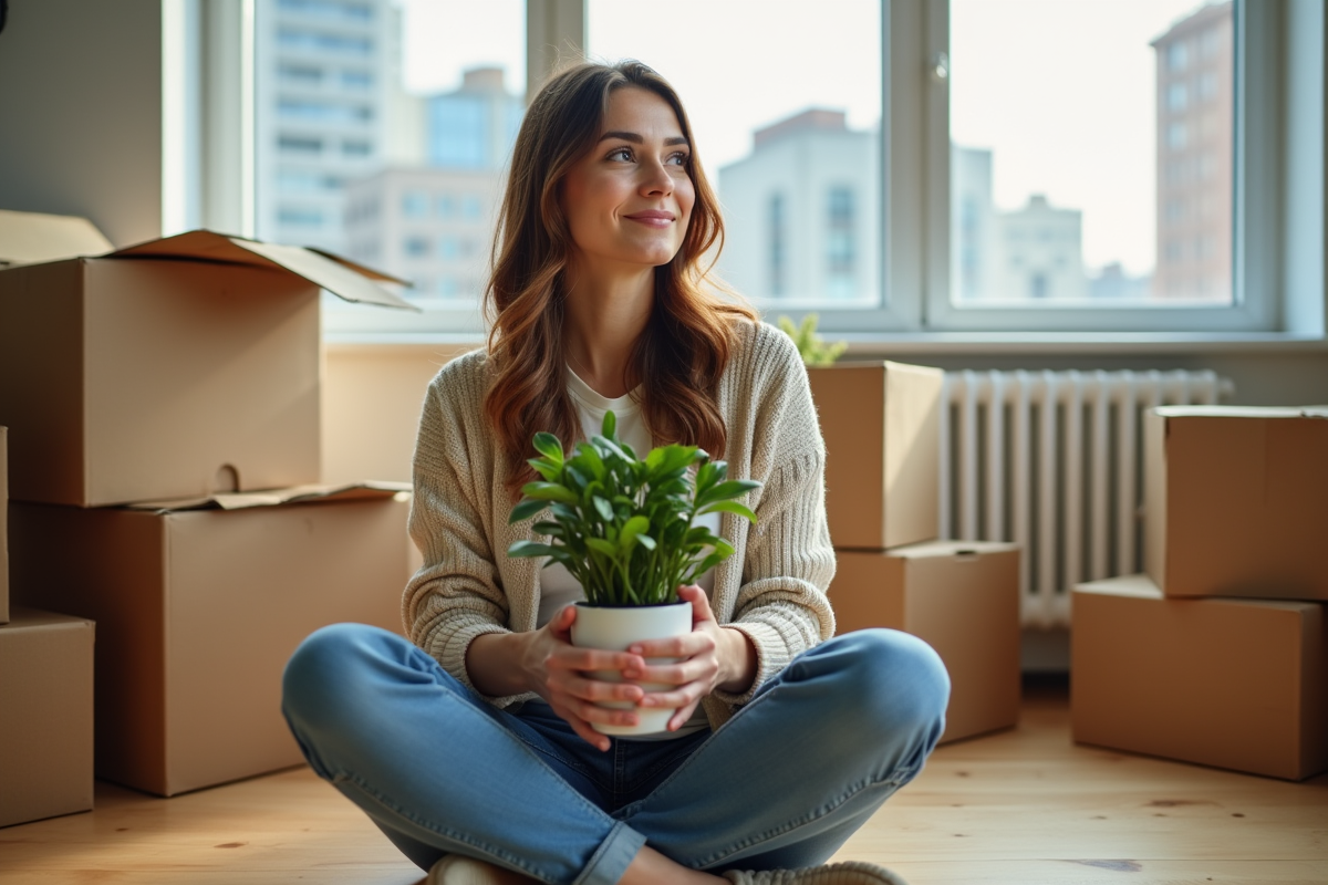 Femme assise parmi cartons avec plante en intérieur