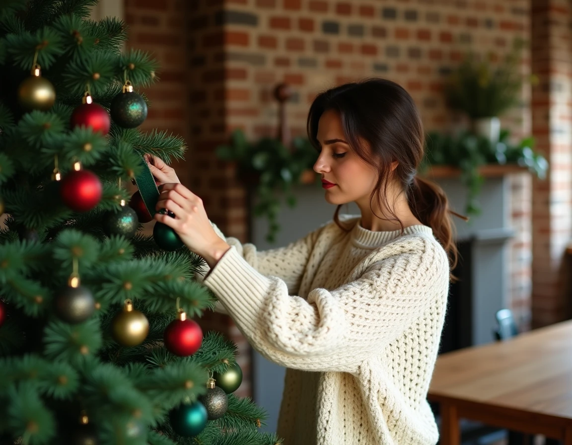 Femme décorant un sapin de Noël avec un ruban en velours vert et des boules rouges et dorées dans un intérieur rustique