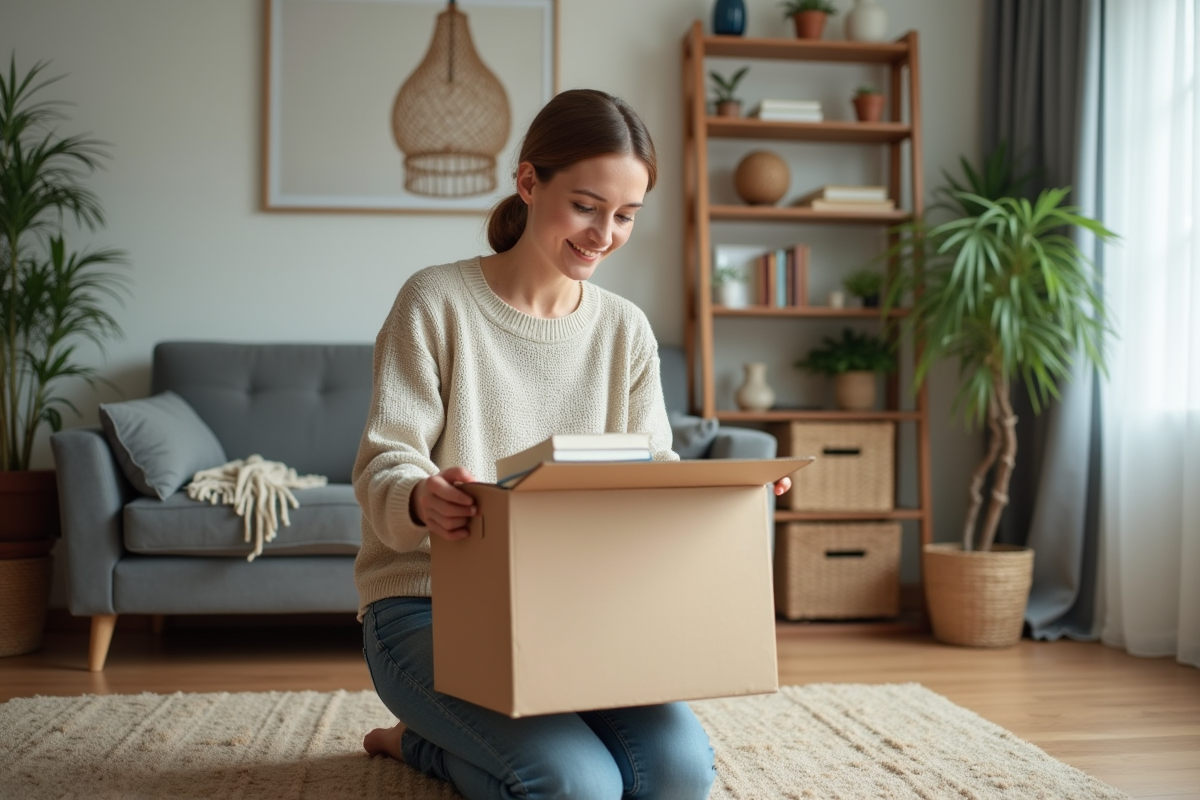 Femme dans un salon moderne déballant des livres