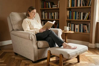 Femme d'une cinquantaine d'années lisant dans un fauteuil confort avec un repose-pieds assorti dans un salon cosy