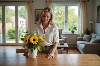 Femme élégante arrangeant des fleurs dans un salon moderne