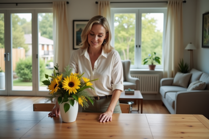 Femme élégante arrangeant des fleurs dans un salon moderne