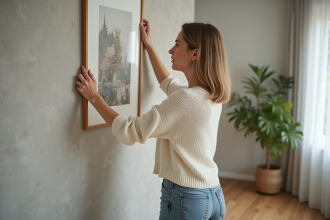 Femme accrochant une peinture dans un salon chaleureux