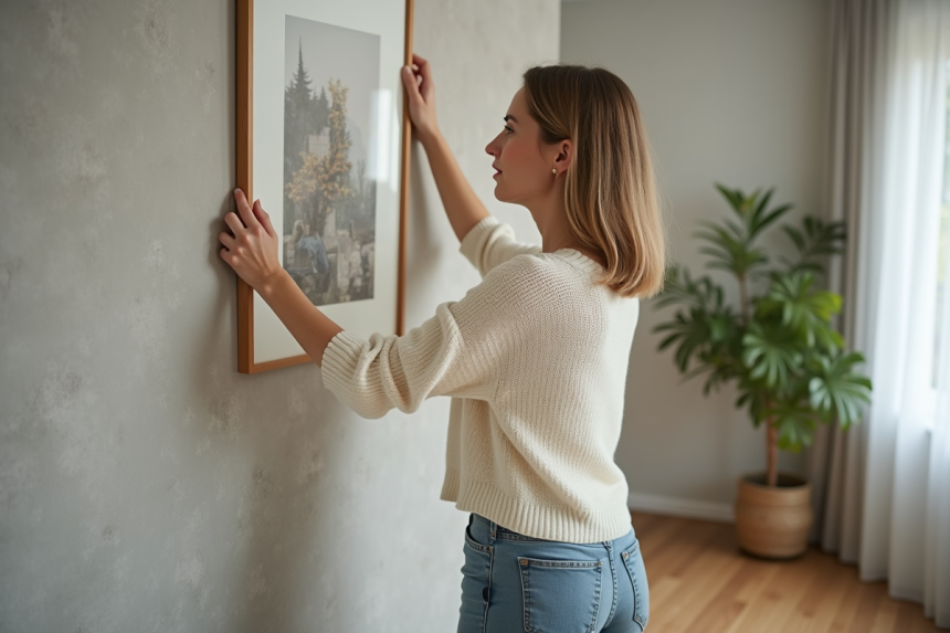 Femme accrochant une peinture dans un salon chaleureux