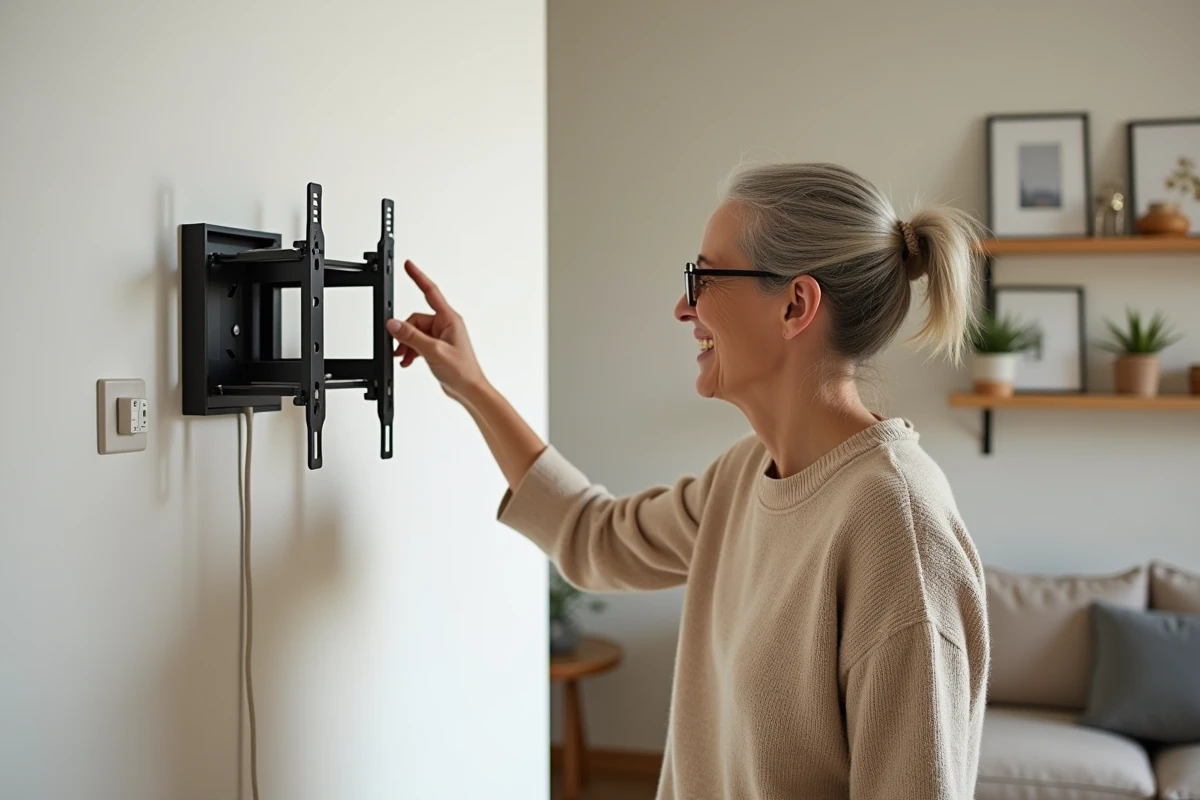 Femme souriante pointant vers un support TV dans un intérieur lumineux