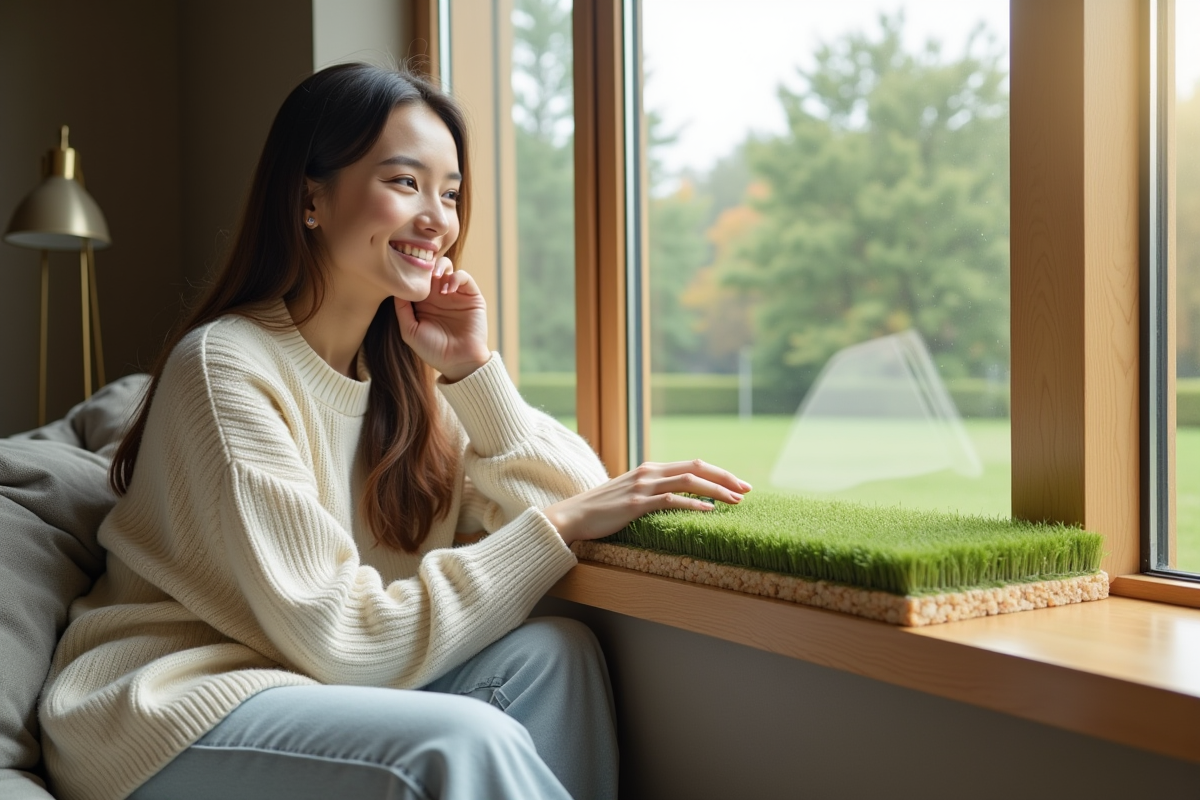 Femme assise près de la fenêtre avec échantillon d