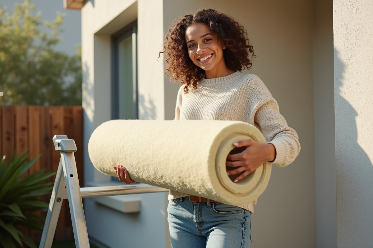 Jeune femme avec laine mineral en isolation maison