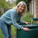 Femme joyeuse vérifiant un tonneau de pluie dans son jardin