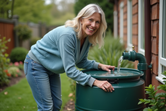 Femme joyeuse vérifiant un tonneau de pluie dans son jardin
