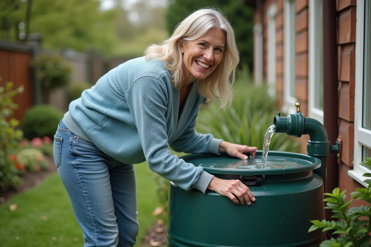 Femme joyeuse vérifiant un tonneau de pluie dans son jardin