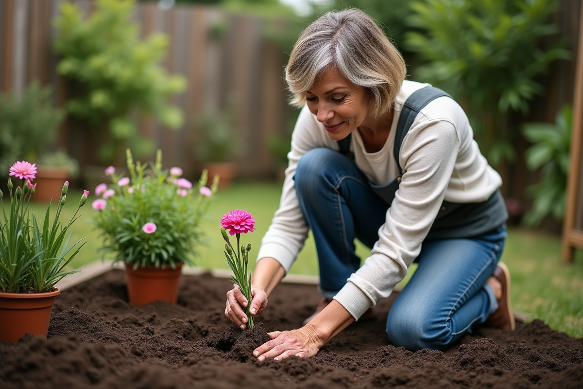 Femme en jardinage plantant une carnation dans le sol