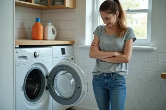 Femme frustrée devant un lave-linge en panne affichant un code erreur dans une buanderie domestique