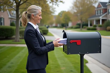 Femme d'âge moyen déposant des lettres dans sa boîte aux lettres