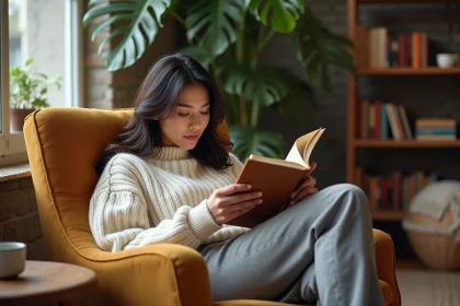 Femme détendue lisant dans un fauteuil confortable en tissu bouclé crème, mug en céramique posé à côté, ambiance cozy anti-stress à la maison