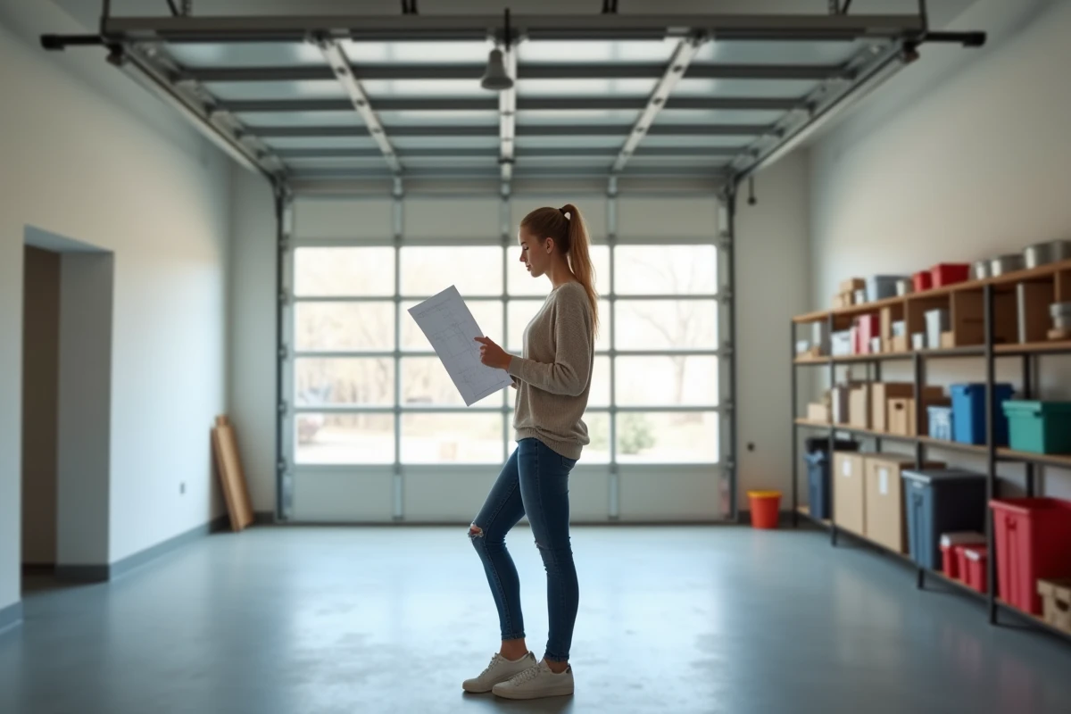 Jeune femme regardant un plan dans un garage ouvert
