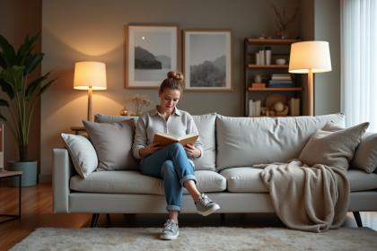 Femme d'âge moyen lisant dans un salon moderne et spacieux