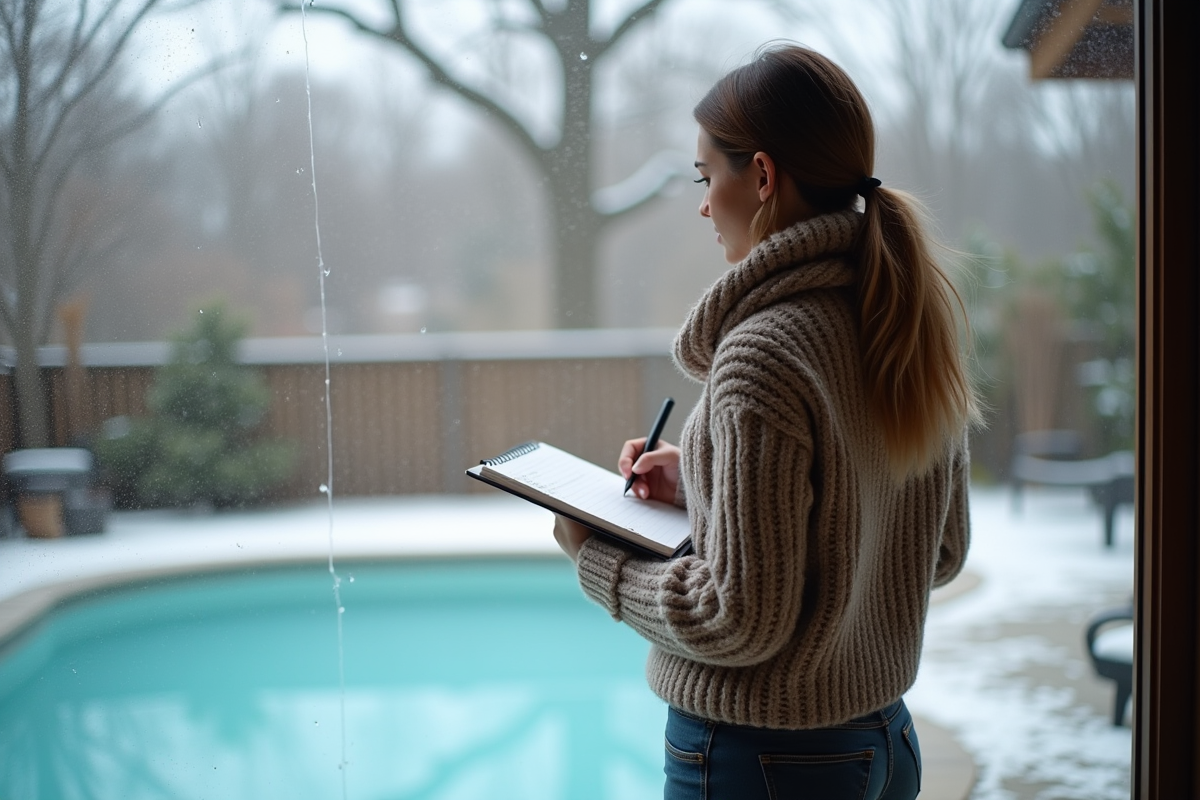 Femme prenant des notes devant une piscine en hiver à la fenêtre