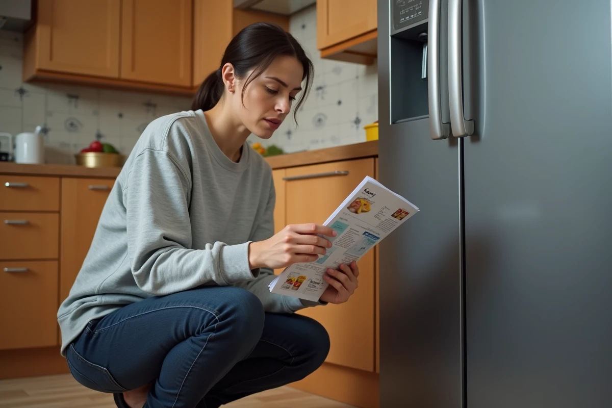 Femme consultant le manuel technique d'un réfrigérateur américain pour connaître son poids avant installation dans une cuisine
