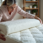 Femme d'âge moyen tentant de plier un matelas mémoire dans une chambre lumineuse