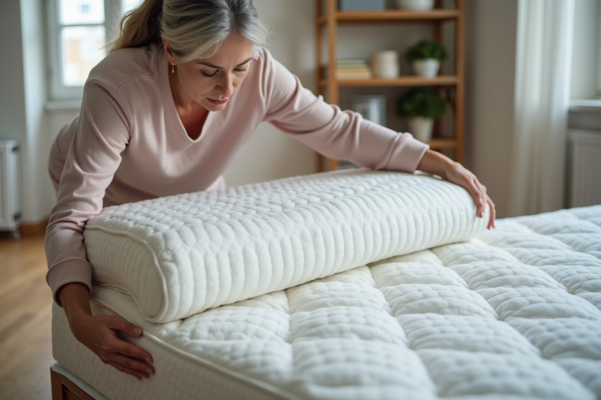 Femme d'âge moyen tentant de plier un matelas mémoire dans une chambre lumineuse