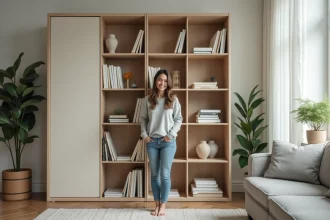 Femme souriante organisant des livres dans un salon moderne