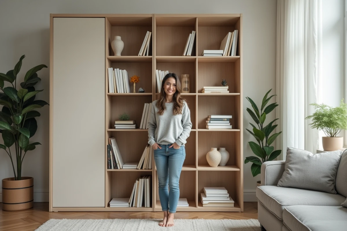 Femme souriante organisant des livres dans un salon moderne