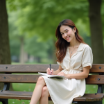 Femme souriante écrivant dans un journal en plein air