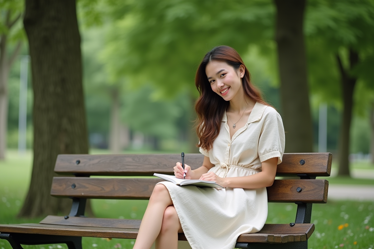 Femme souriante écrivant dans un journal en plein air