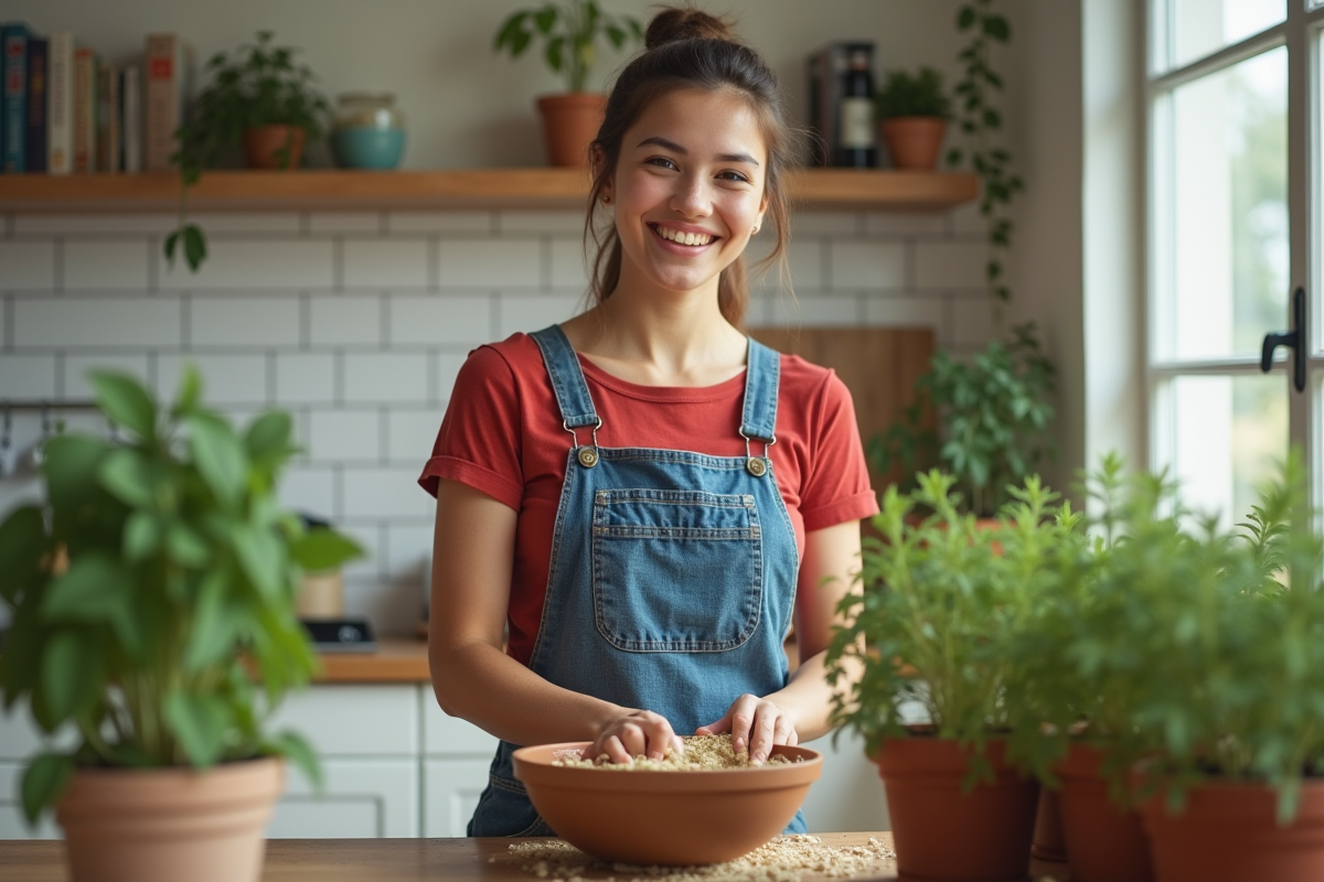 Femme préparant engrais maison avec plants de tomates