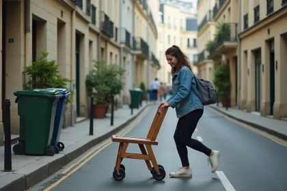 Femme en denim pousse une vieille chaise dans la rue parisienne