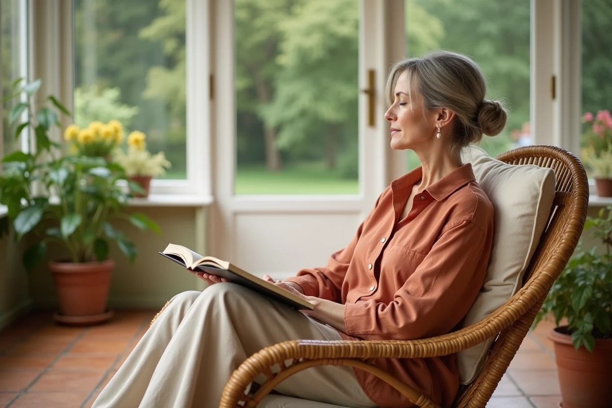 Femme aux cheveux argentés assoupie dans un fauteuil en rotin avec coussin blanc dans une véranda ensoleillée, moment de relaxation et de lecture apaisante