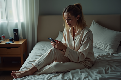 Femme en pyjama débranchant son téléphone la nuit